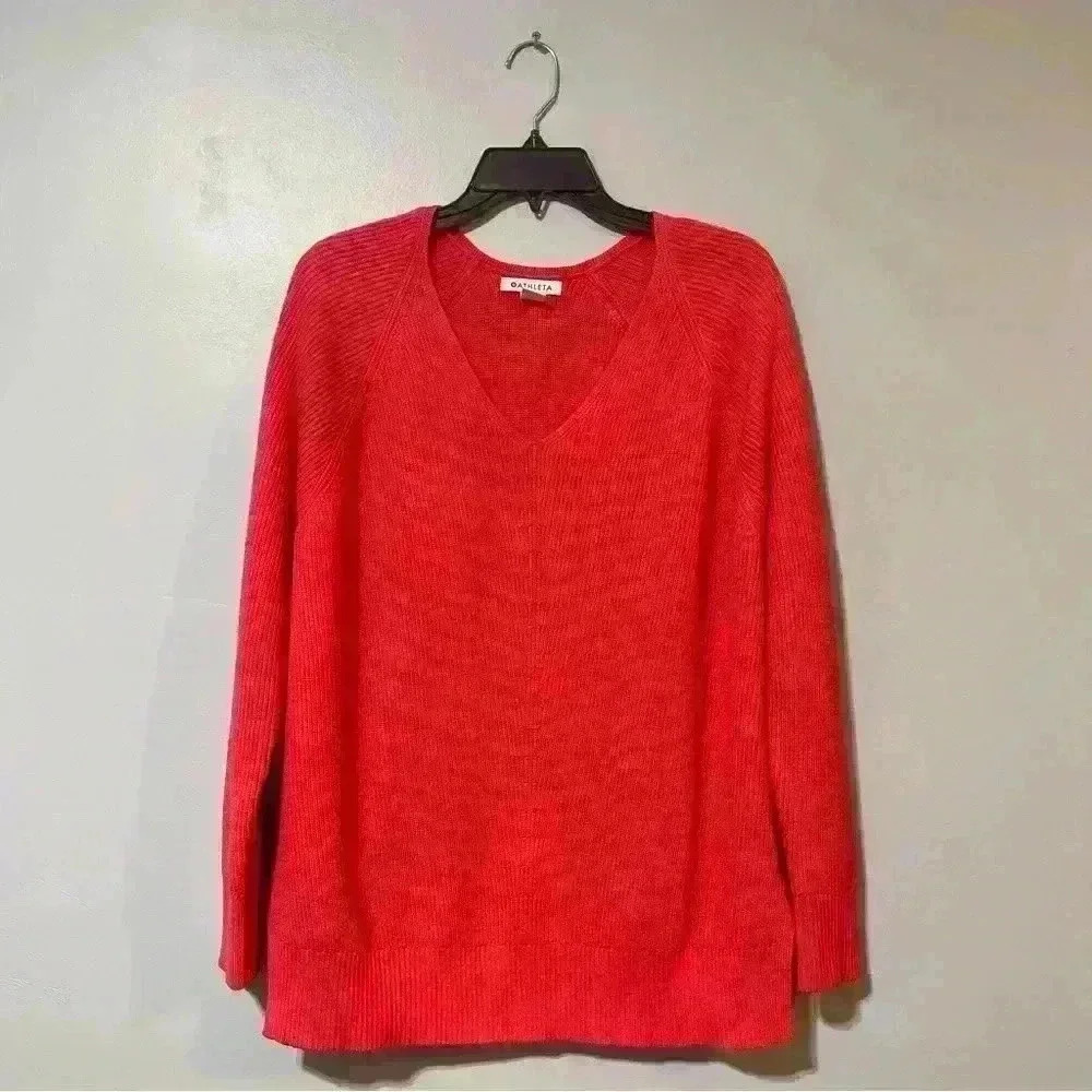 Athleta Hanover Refined V Neck Sweater Size M Pink Merino Wool Pullover Outdoor - Picture 2 of 7